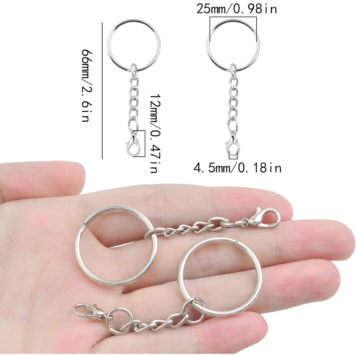30pcs 25 mm Silver Split Keyrings with Chain Metal Keychain Rings Parts with Jump Rings Lanyard Snap Hook Lobster Claw Clasps for DIY Keychains Art Crafts Jewelry Making