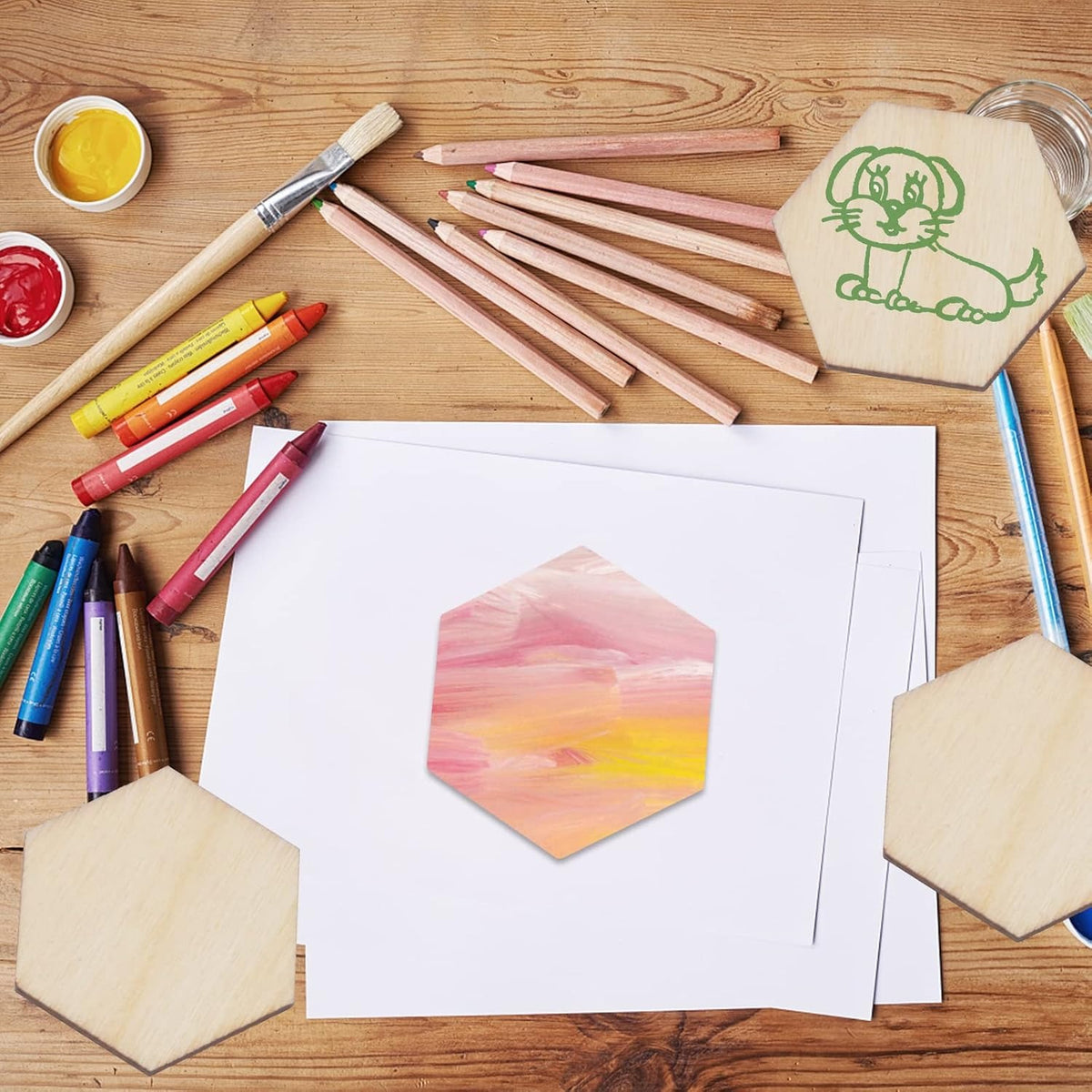 50pcs Blank Unfinished Wood Pieces Hexagon Shape Natural Unpainted Wood Cutout Wood Chips Tiny Log Slices Embellishments for DIY Craft Supplies Home Wedding Christmas Decor