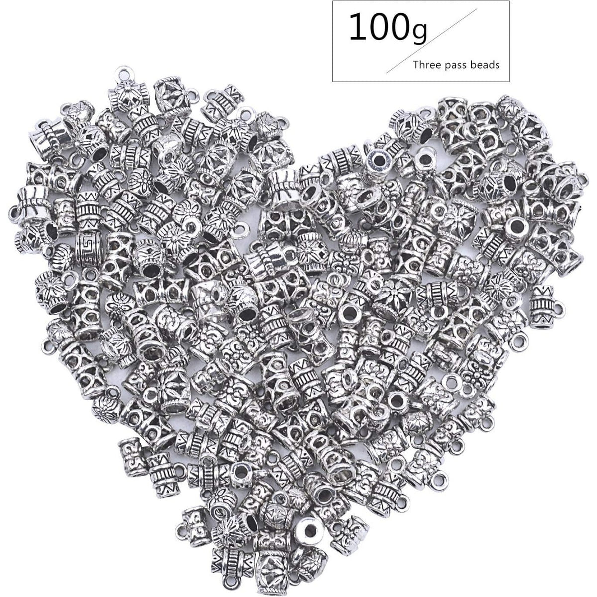 100g (About 130-170pcs) Mixed Antique Tibetan Silver Bail Beads,Spacer Bead,Bail Tube Beads,Bracelet Charms,Necklace Pendants for Jewelry and Craft Making(Small Size)