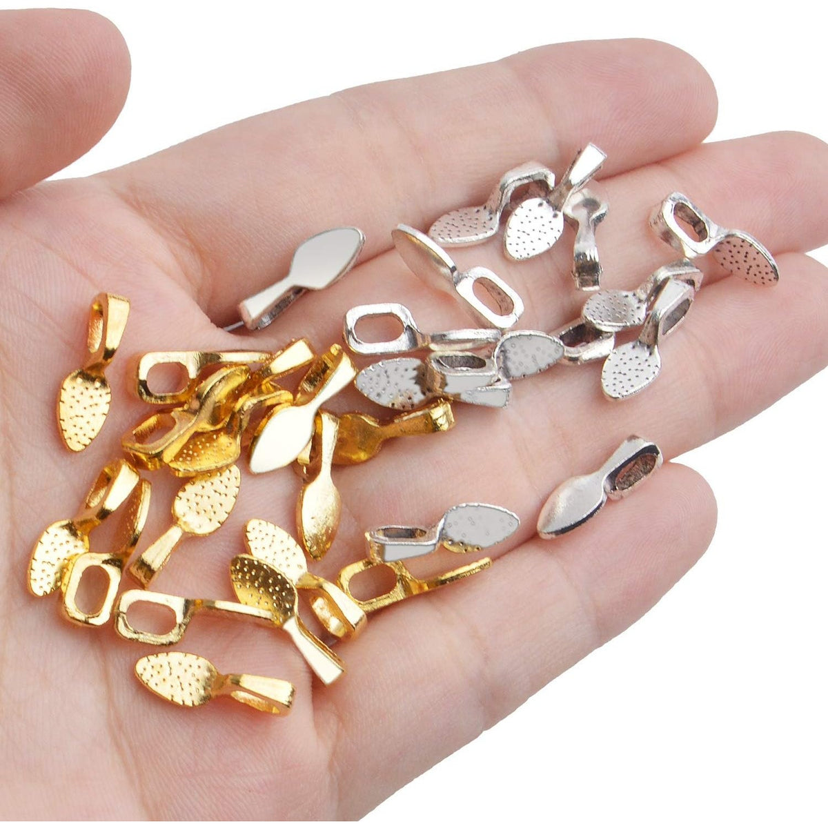 Flat Pendant Bails,200pcs Glue-on Flat Pad Shovel Pendant Bails For DIY Crafts and Jewelry Making, Gold and Silver