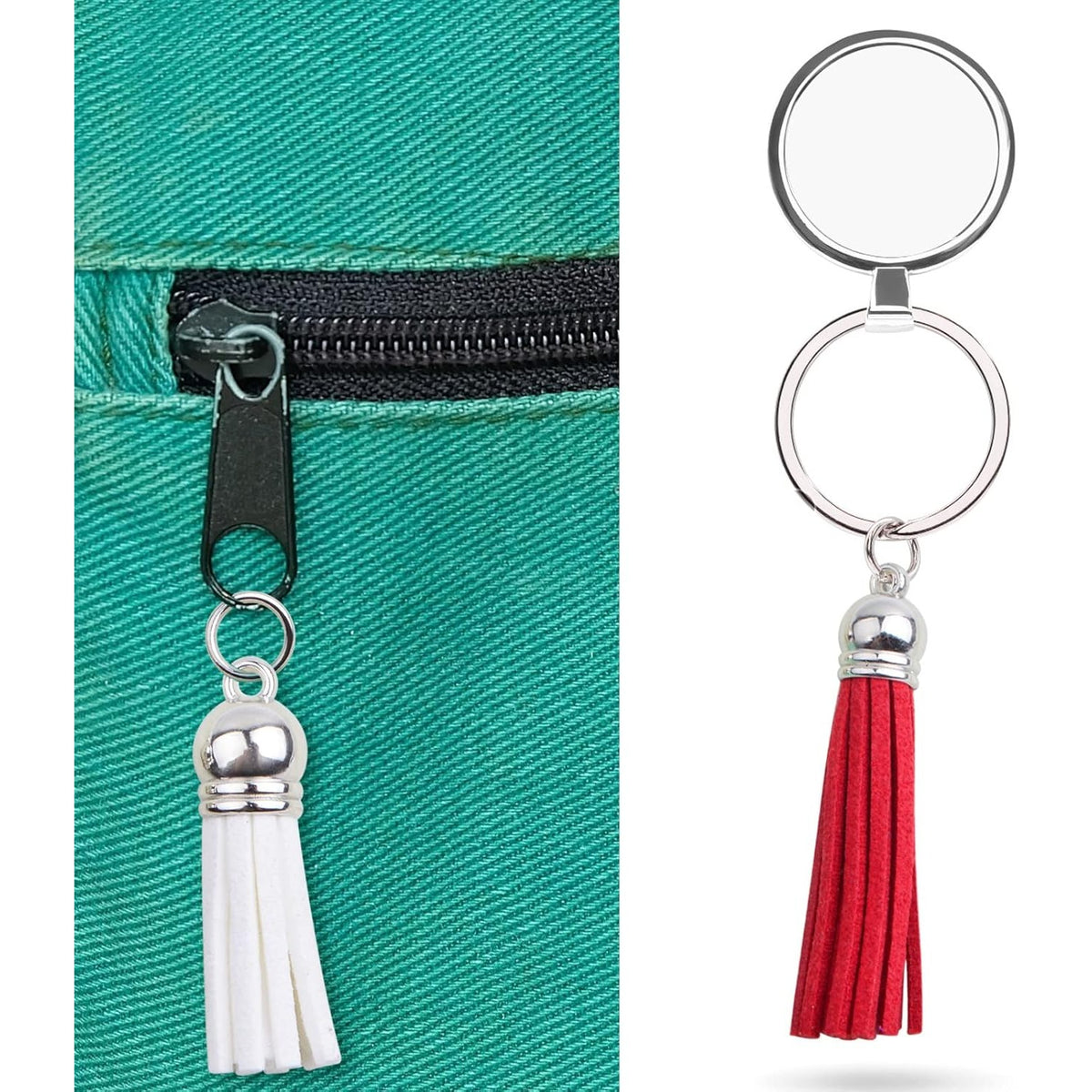50pcs 2 Sizes Tassel Keychain Charms Multicolored Leather Tassel Pendants and 50pcs White K Open Jump Rings for DIY Earring Cellphone Straps Jewelry Making Accessories
