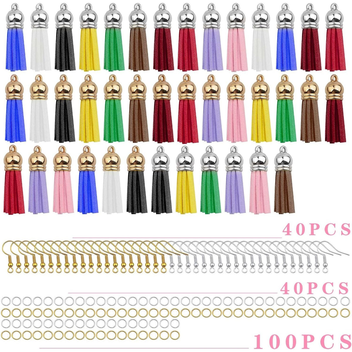 40pcs Suede Leather Tassel Charms Decorations and 40pcs French Earring Hooks with 100pcs Open Jump Rings for Earrings Key Chains Cellphone Straps DIY Craft Projects, Mixed Colors