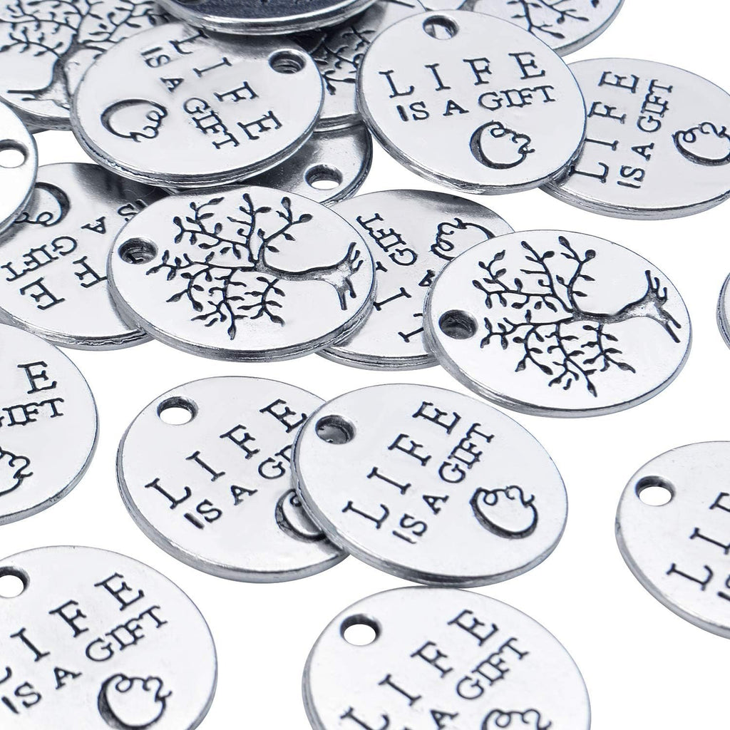 Inspirational Words Charms, 30pcs Lettering Saying Pendants (LIFE IS A GIFT) Tree of Life Charms Beads Jewelry Findings for DIY Necklace Bracelet - Double-Sided Design