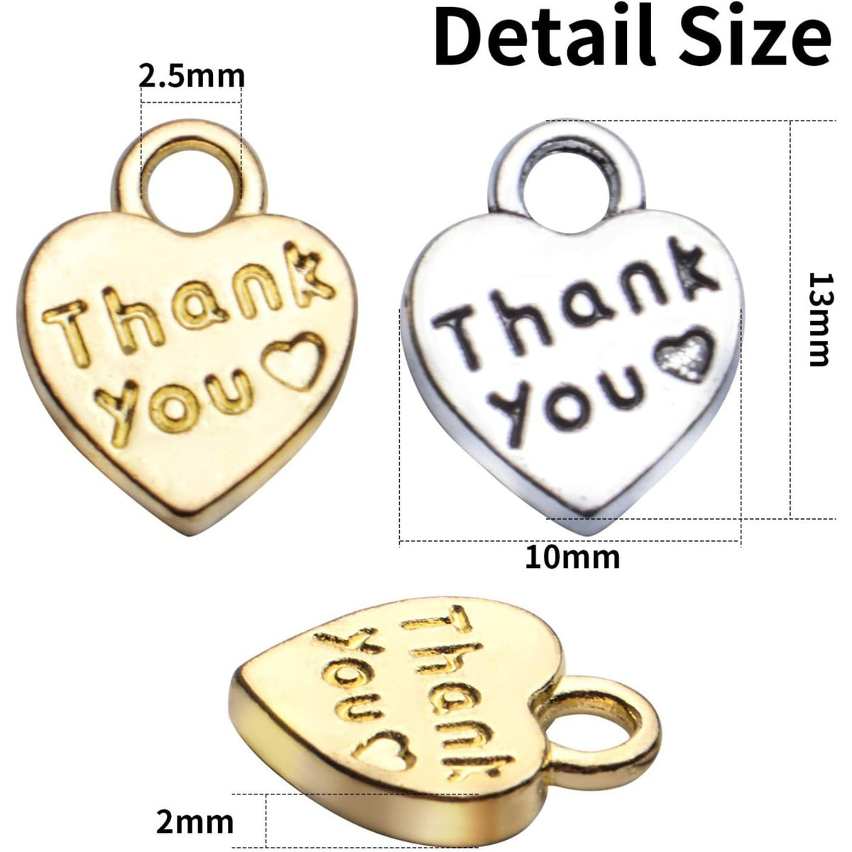 100pcs Antique Word Heart Charms, Thank You Heart Charm, Bulk Crafts Supplies for Jewelry DIY Necklace Bracelet Making, Antique Silver & Golden, 10x13mm