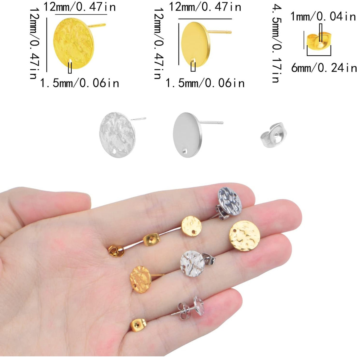 24pcs 12 mm 2 Styles Stainless Steel Earring Posts with Loop Blank Flat Round Stud Earrings and 24pcs Butterfly Earring Backs for DIY Jewelry Making Findings, 2 Colors