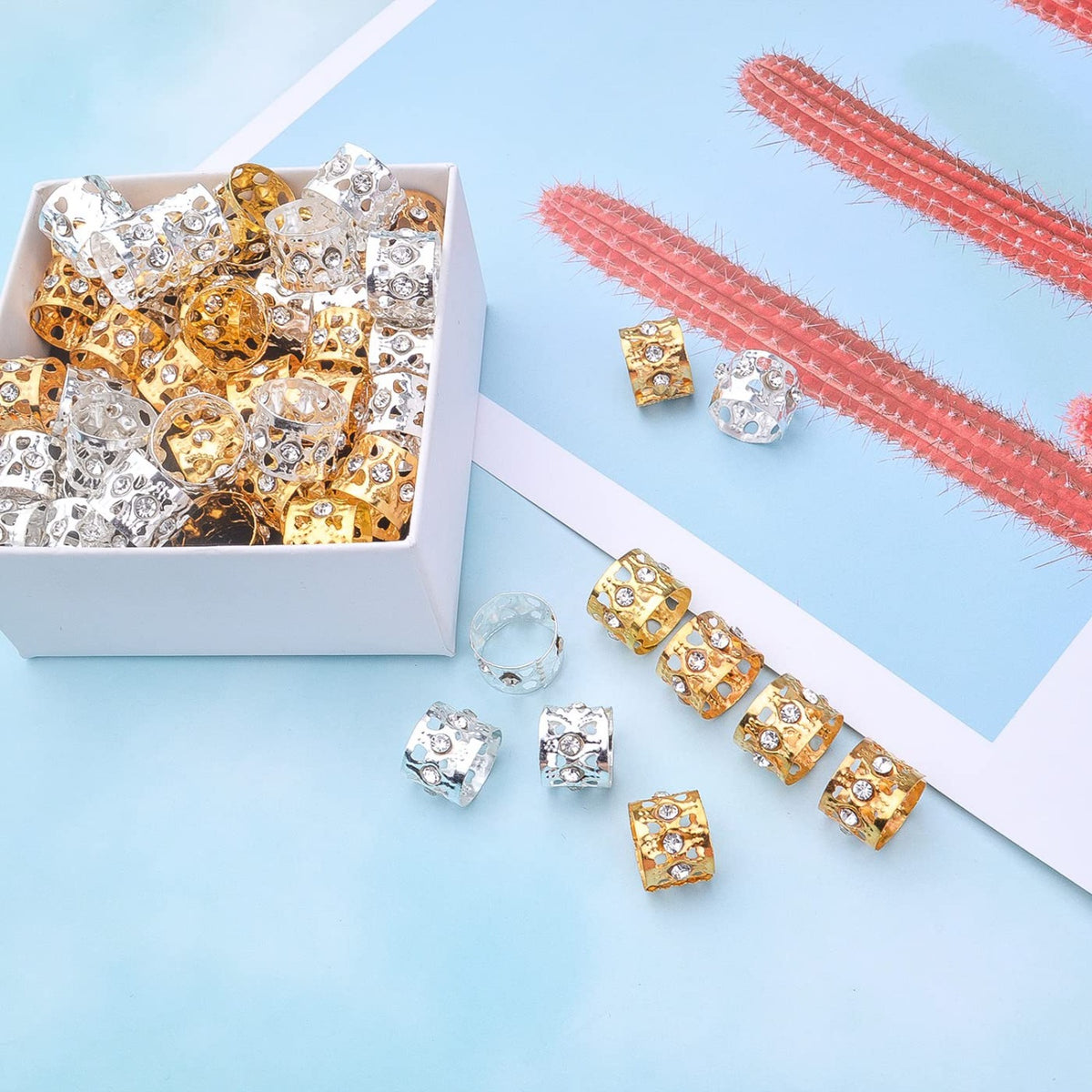 50pcs Rhinestone Dreadlocks Beads Alloy Hair Ring Decoration Braiding Hair Braid Cuff Clip Beard Hollow Heart Tube Beads Accessories for Women Men, Golden and Silver