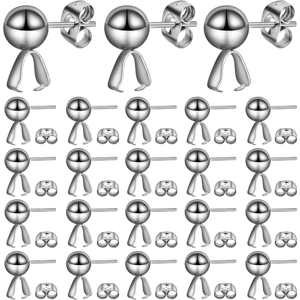 30pcs Stainless Steel Ball Post Earring Studs with Pendant Claps Round Ball Earring Posts and 30pcs Butterfly Earring Backs Set for DIY Jewelry Making Supplies