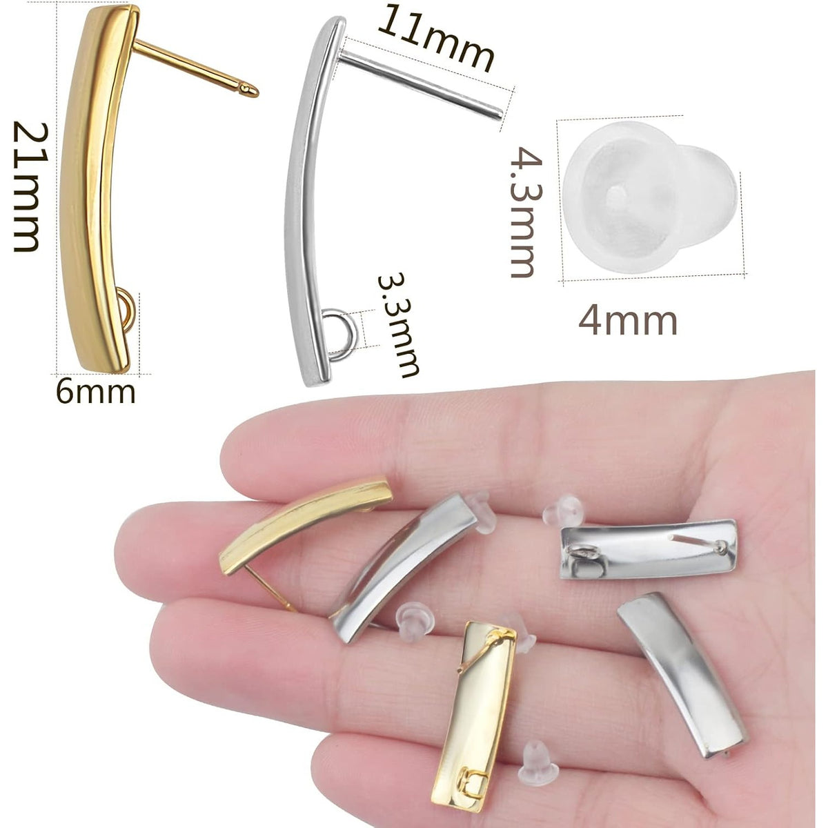 20pcs 2 Colors Stainless Steel Earring Posts with Loop Hypoallergenic Rectangle Stud Earrings Findings and 20pcs Clear Bullet Earring Backs for DIY Jewelry Making