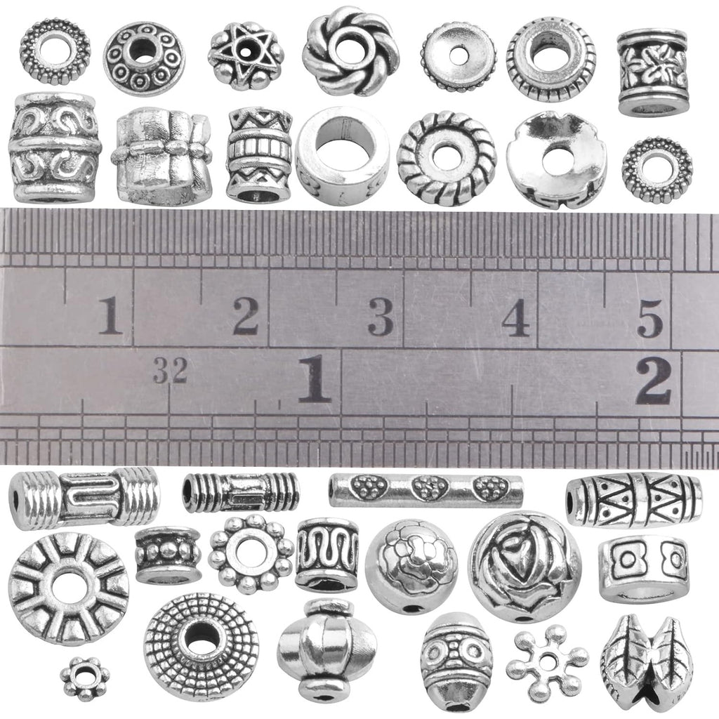 100 Gram Tibetan Antique Silver Spacer Beads Random Mixed Styles Alloy Flower Round Cone Column Loose Spacer Beads Accessories for DIY Crafts Jewelry Making Supplies