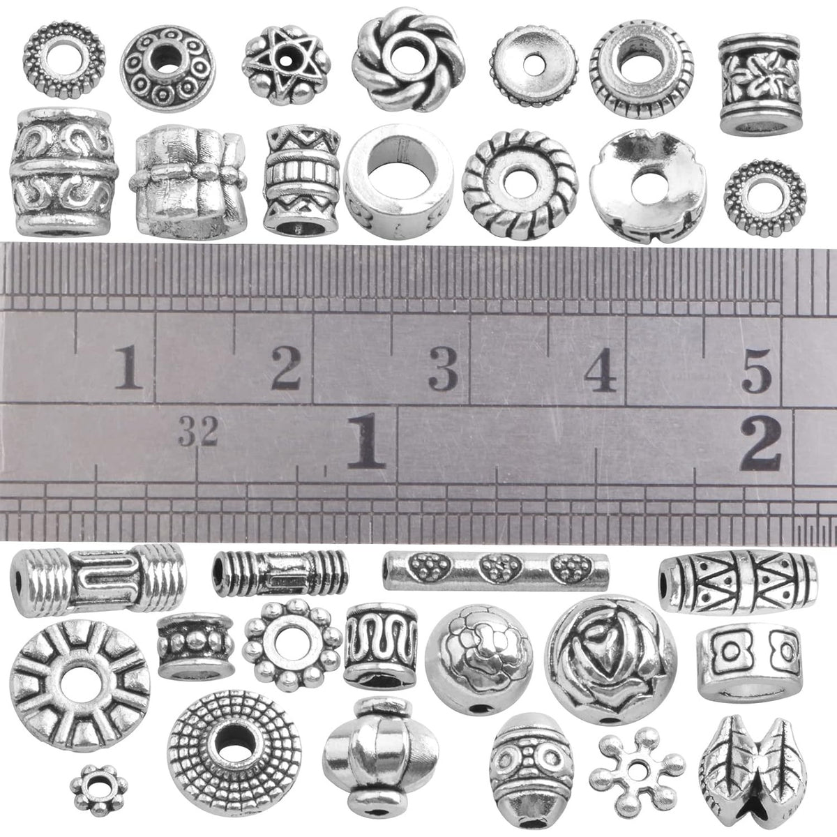 100 Gram Tibetan Antique Silver Spacer Beads Random Mixed Styles Alloy Flower Round Cone Column Loose Spacer Beads Accessories for DIY Crafts Jewelry Making Supplies
