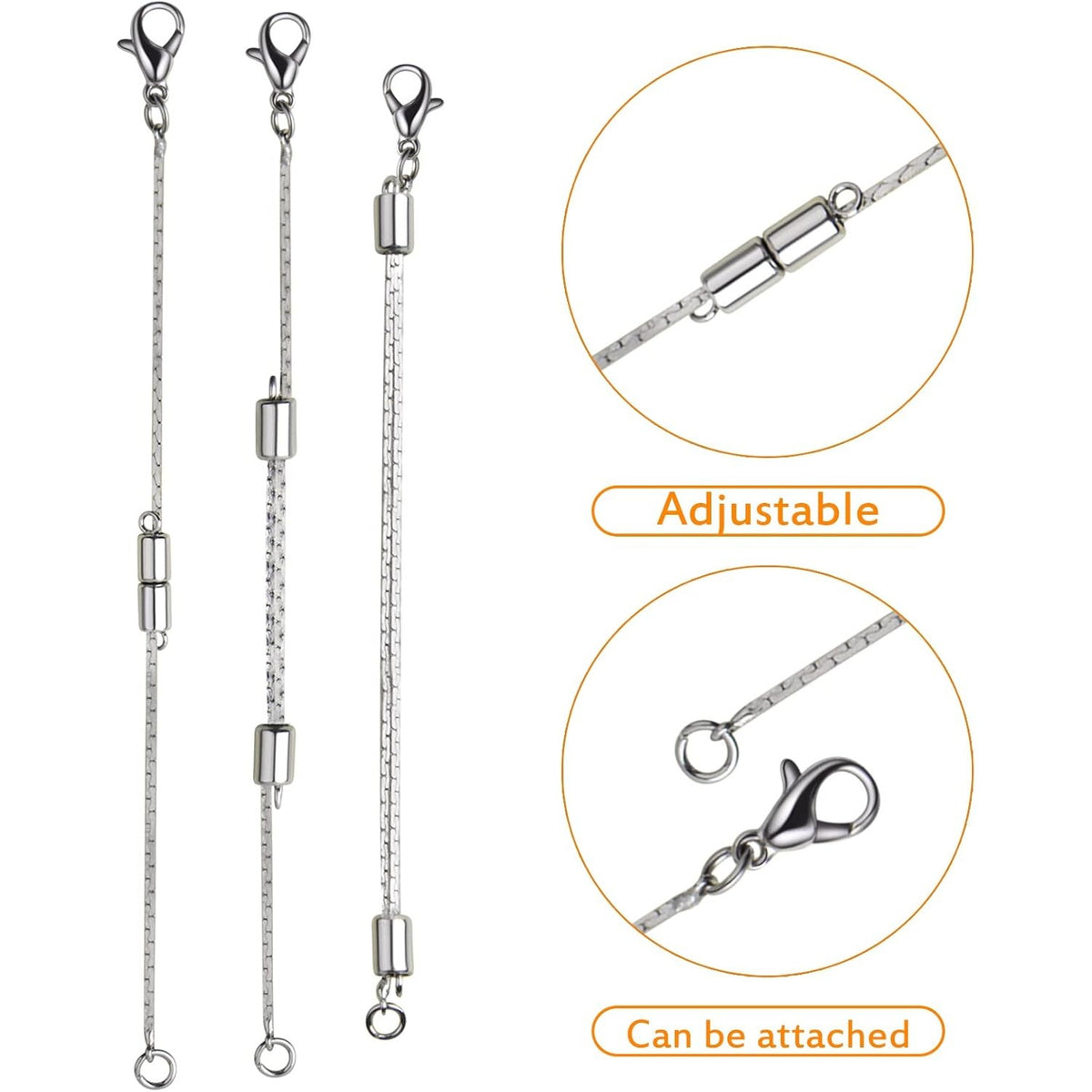 6 Pieces Stainless Steel Extender Chains Hypoallergenic Adjustable Sliding Necklace Extender Chains with Lobster Clasps for DIY Necklace Bracelet Jewelry Making Supplies