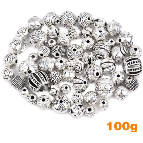 100 Gram Antique Silver Mixed Round Spacers Beads Tibetan Alloy Vintage Charm Beads Loose Spacer Beads for DIY Bracelet Necklace Jewelry Making