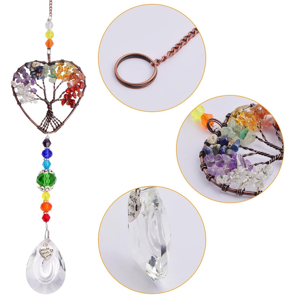 1pcs Rainbow Heart-Shaped Sun Catcher, Tree of Life Crystal Suncatcher Window Hanging Crystals Ornament Chakra Stones Prism Drop Pendant for Garden Home Car Lamp Window Decoration