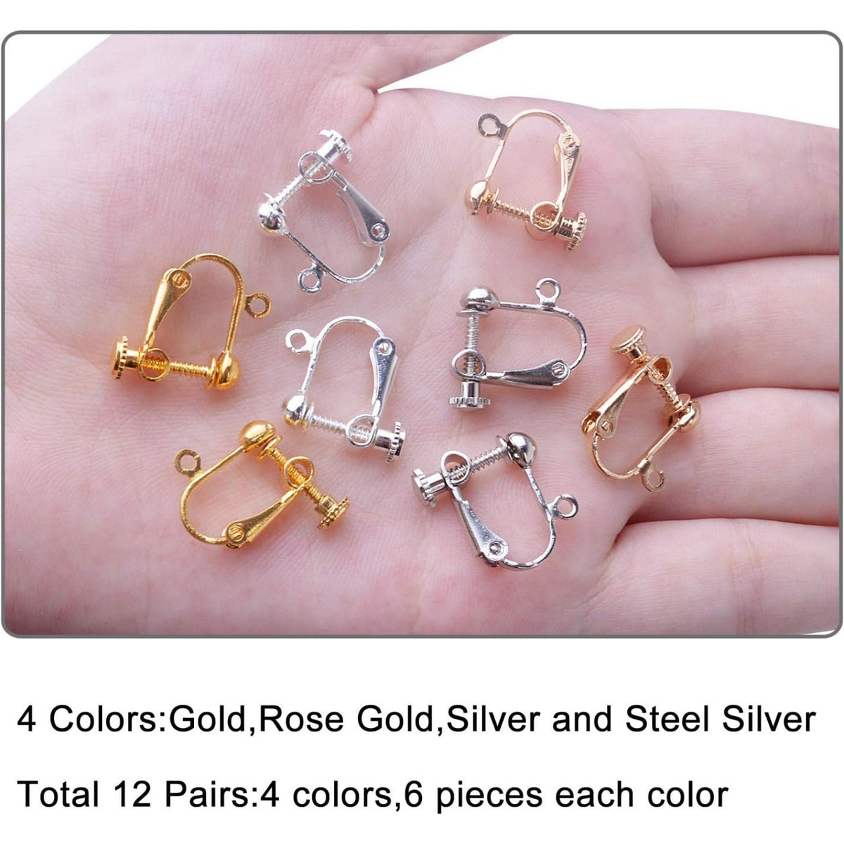 24 Pieces Clip-on Earring Findings Components Screw Back Ear Wire Non Pierced Earring Converter with Loop for Jewelry Making, 4 Colors