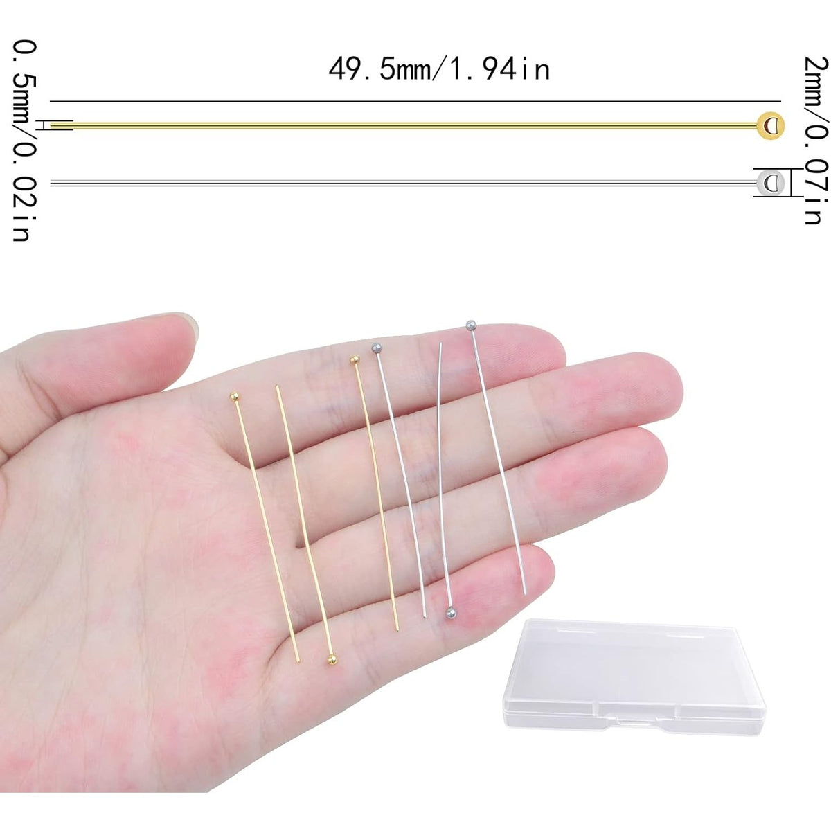 100pcs 50 mm Stainless Steel Long Head Pins Hypoallergenic Ball Head Pins Straight Craft Head Pins Needles with Plastic Box for DIY Bracelet Necklace Earrings Jewelry Making, 2 Colors