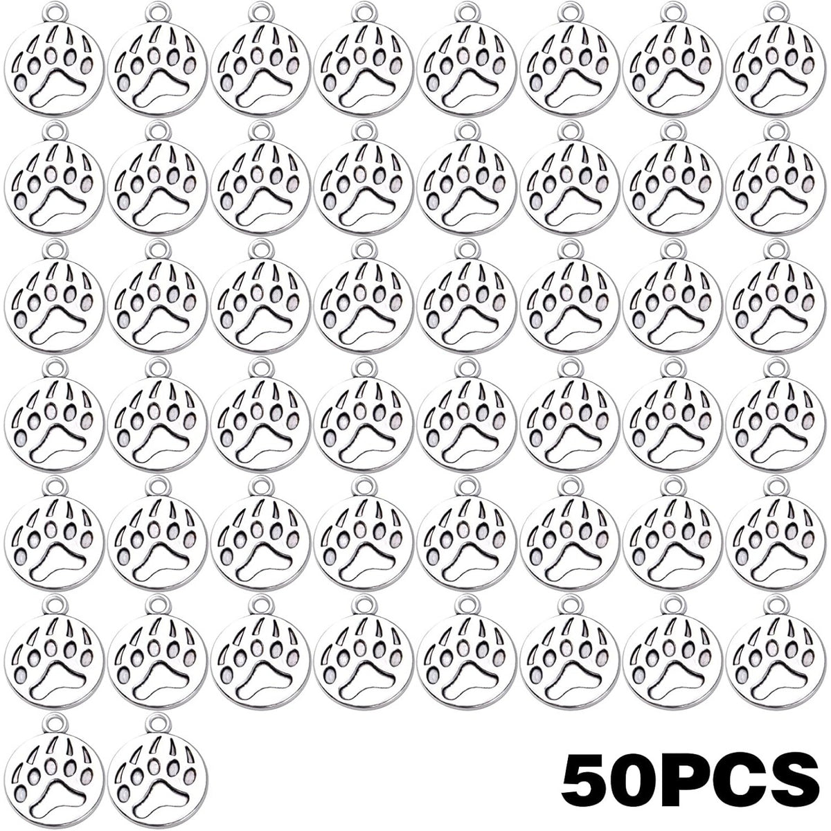 50pcs Antique Silver Paw Print Charms Alloy Dog Cat Bear Footprint Pendants Animal Paw Charms Jewelry Making Accessories for DIY Earrings Necklace Bracelet and Crafting