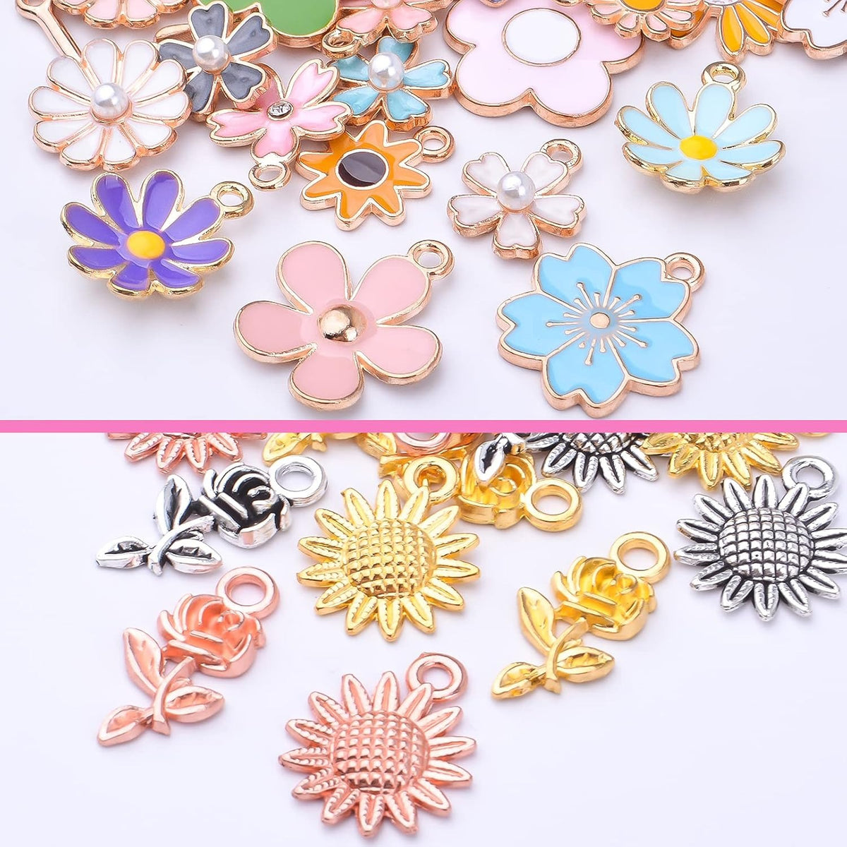 60pcs Mixed Enamel Flower Charms Alloy Sunflower Rose Flower Pendants Sweet Dangle Charms Jewelry Making Accessories for DIY Necklace Bracelet Earring Craft Supplies
