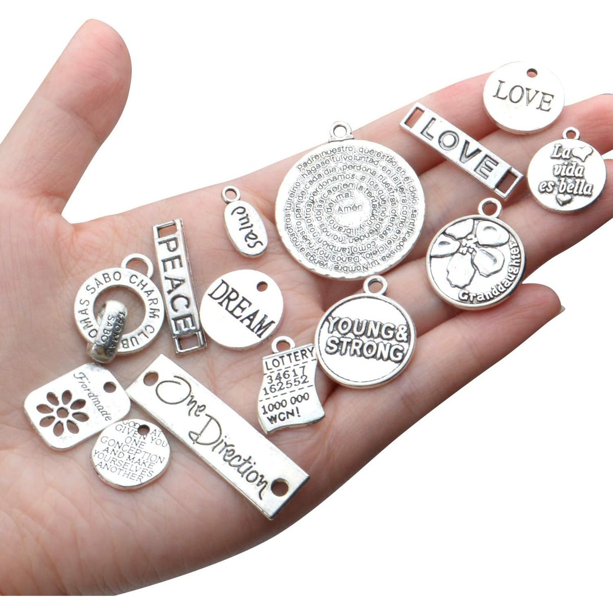 Inspiration Words Charms, 100g (40-60pcs) Mix Lettering Saying Pendants Engraved Motivational Charms Beads for Crafting, Jewelry Findings Making Accessory for DIY Necklace Bracelet