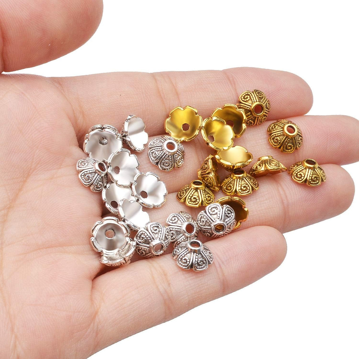 100pcs 9mm Tibetan Style Alloy Flower Caps Spacer Bead Caps Flower Beads End Caps Spacer Caps with A Box for DIY Jewelry Crafts Making(Antique Silver and Antique Gold)