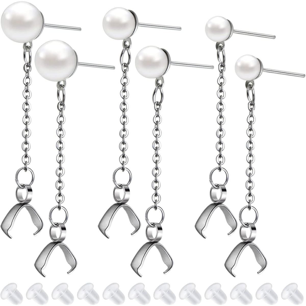 6pcs Stainless Steel Pearl Earring Studs Hypoallergenic Ear Posts with Loop and Pinch Clasp Chains, and 20pcs Clear Earring Backs for DIY Dangle Earring Jewelry Making, 3 Sizes