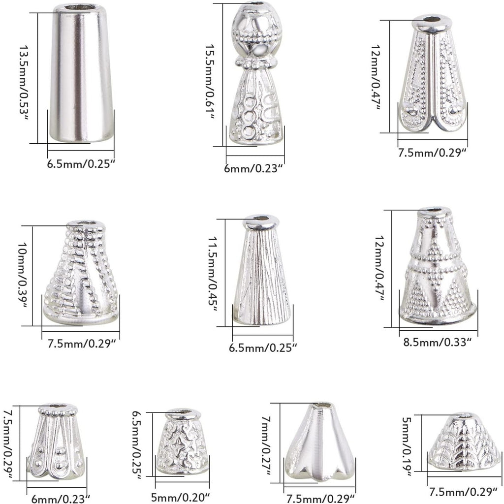 100 Gram (About 110-150pcs) Mixed Styles Cone Bead Caps Tibetan Alloy Flower Spacer Bead Caps Tassel End Caps for DIY Bracelet Necklace Jewelry Craft Making, Bright Silver