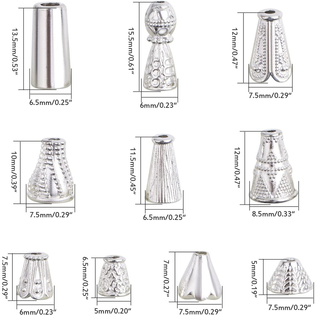 100 Gram (About 110-150pcs) Mixed Styles Cone Bead Caps Tibetan Alloy Flower Spacer Bead Caps Tassel End Caps for DIY Bracelet Necklace Jewelry Craft Making, Bright Silver