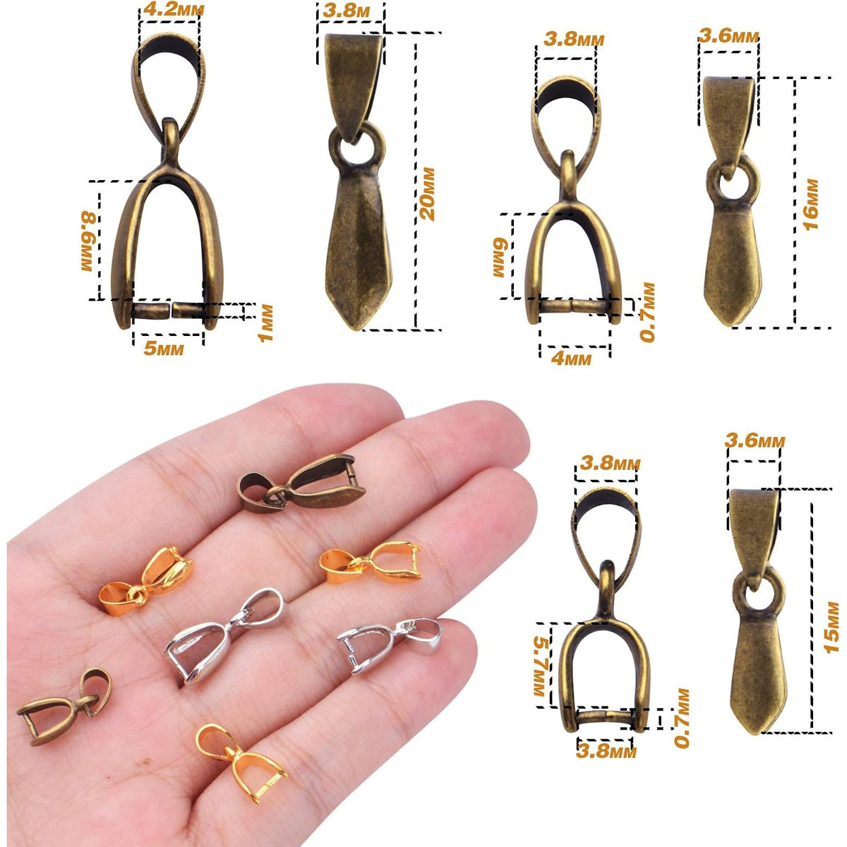 45pcs 3 Sizes Pinch Clip Bails Brass Claw Bail Finish Necklace Pendant Clasps Dangle Charm Bead Connectors Findings for DIY Craft Jewelry Making, 3 Colors