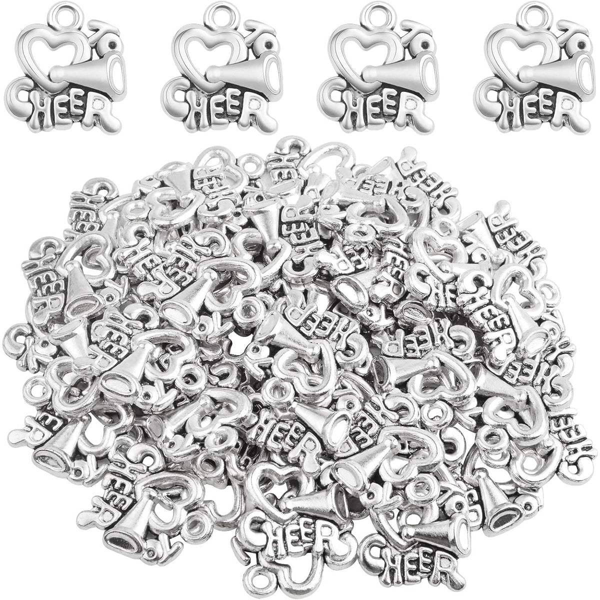 50pcs Antique Silver Heart Shape Cheer Horn Charms Alloy Love Cheer Loudspeaker Sport Pendants Craft Supplies for DIY Necklace Bracelet Jewelry Making Cheerleader Gifts