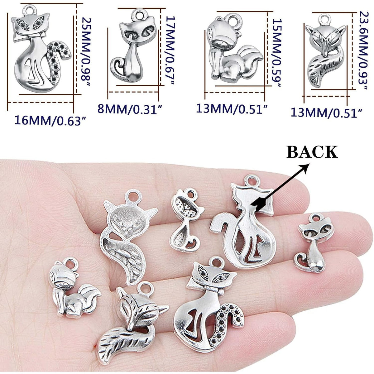 50pcs Antique Silver Fox Kitty Pendant Charms Tibetan Alloy Cute Cat Pendant Vintage Animal Dangle Charms Bulk for DIY Necklace Bracelet Keychain Jewelry Making, 5 Styles…
