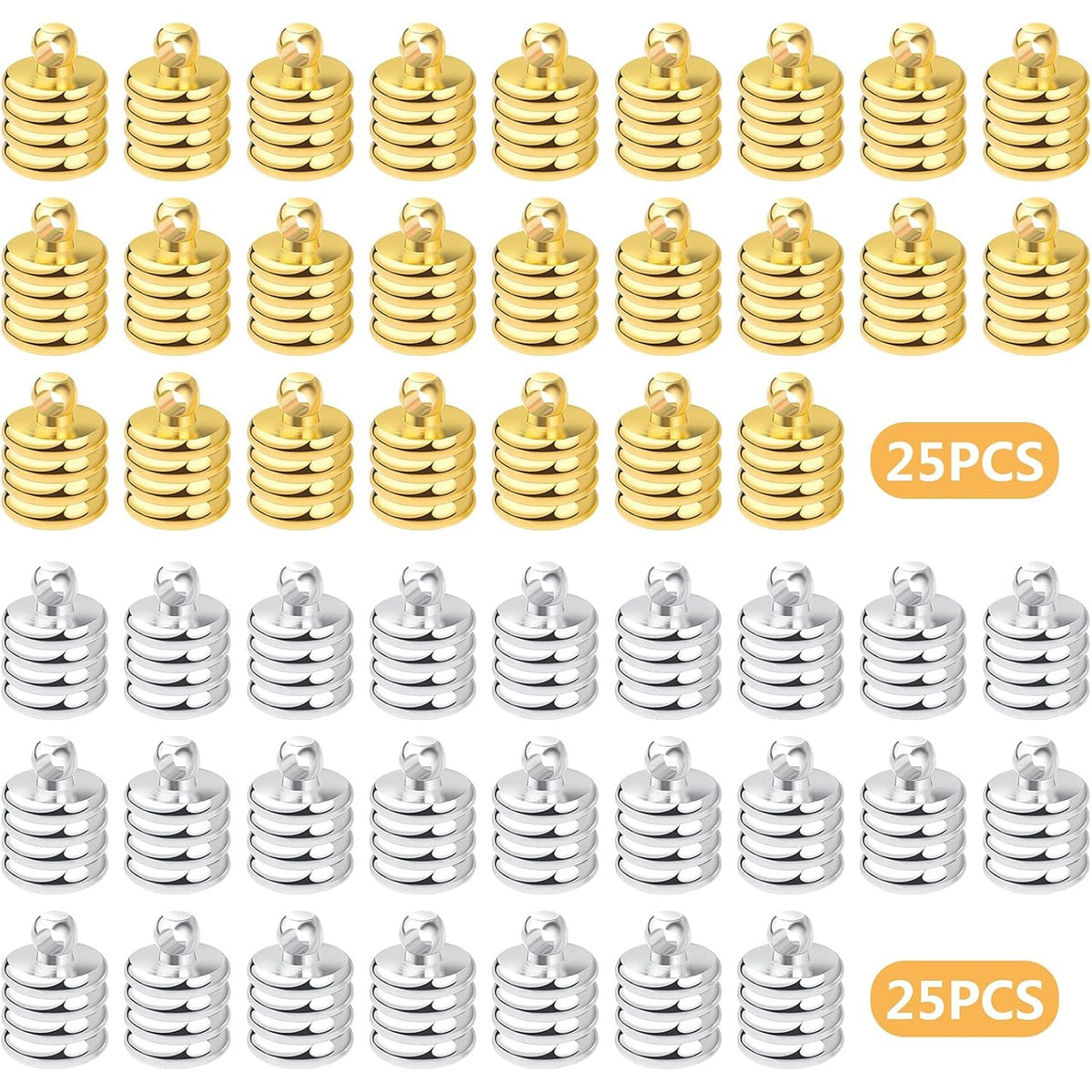 50pcs Brass Cord End Caps Glue-in Barrel End Caps Fasteners Necklace Cord Tassel Leather Cord Ends Terminators Clasps for DIY Bracelet Crafts Jewelry Making, Golden, Silver