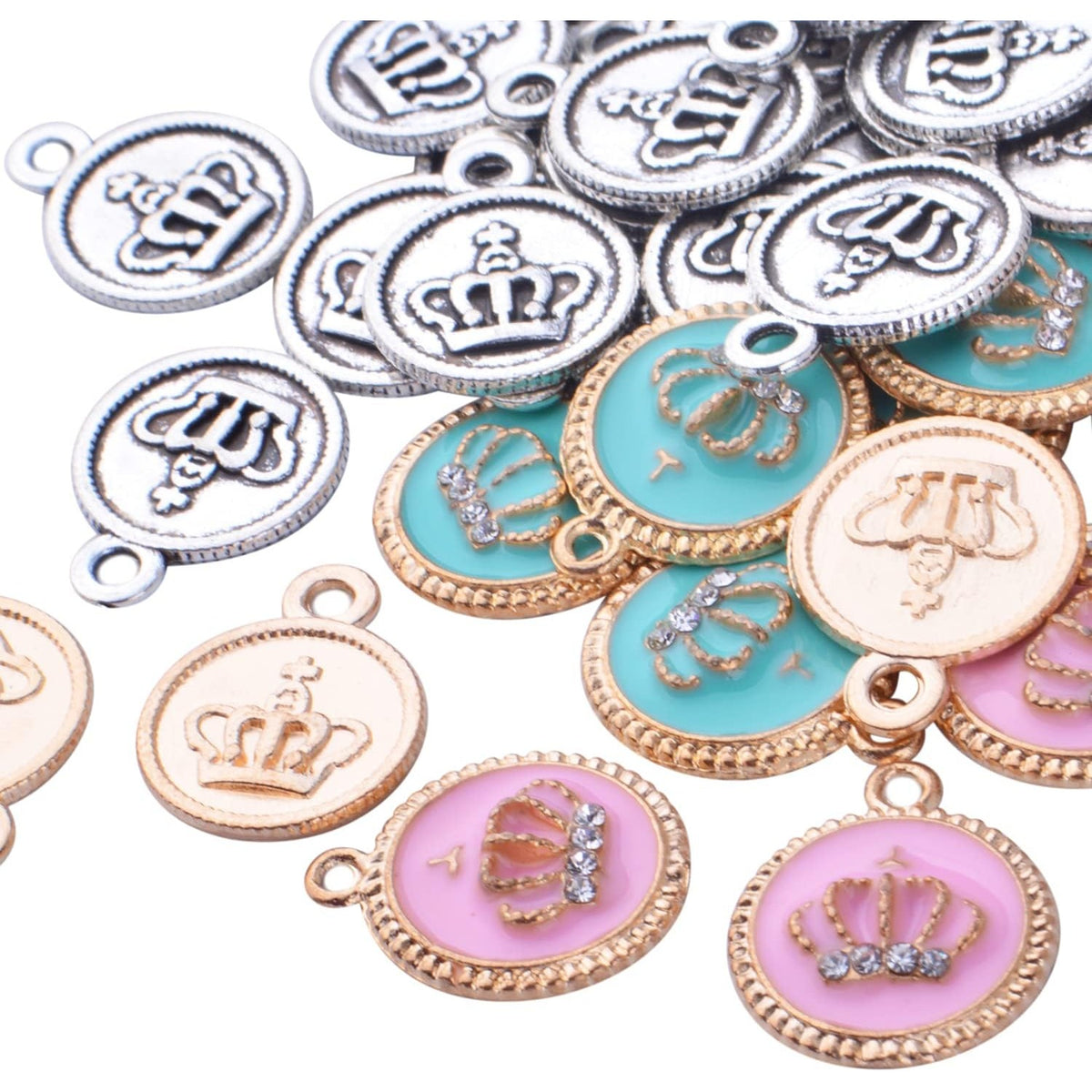 50pcs Enamel Diamond Round Crown Charms Alloy King Crown Pendant Charm Enamel Crown Bead Charms for DIY Necklace Bracelet Jewelry Crafts Making Accessories, 4 Colors