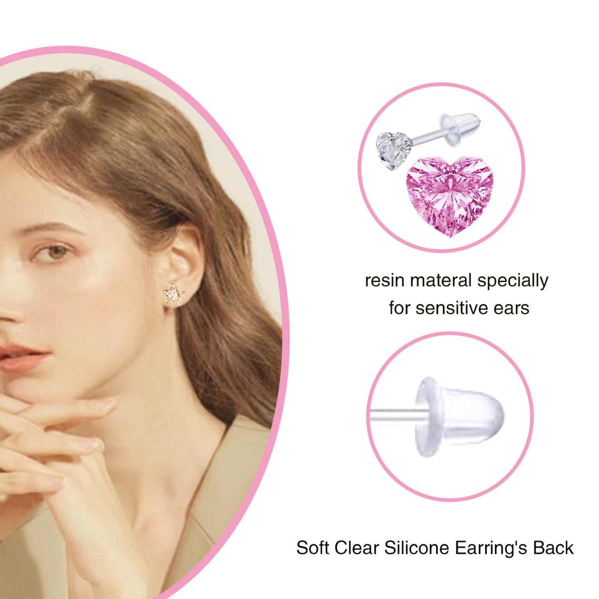 20 Pairs 6 mm Colorful Cubic Zirconia Earring Studs Hypoallergenic Plastic Resin Round Triangle Heart Flower Star Earrings with Earring Backs for Sensitive Ears Women Mom Gifts
