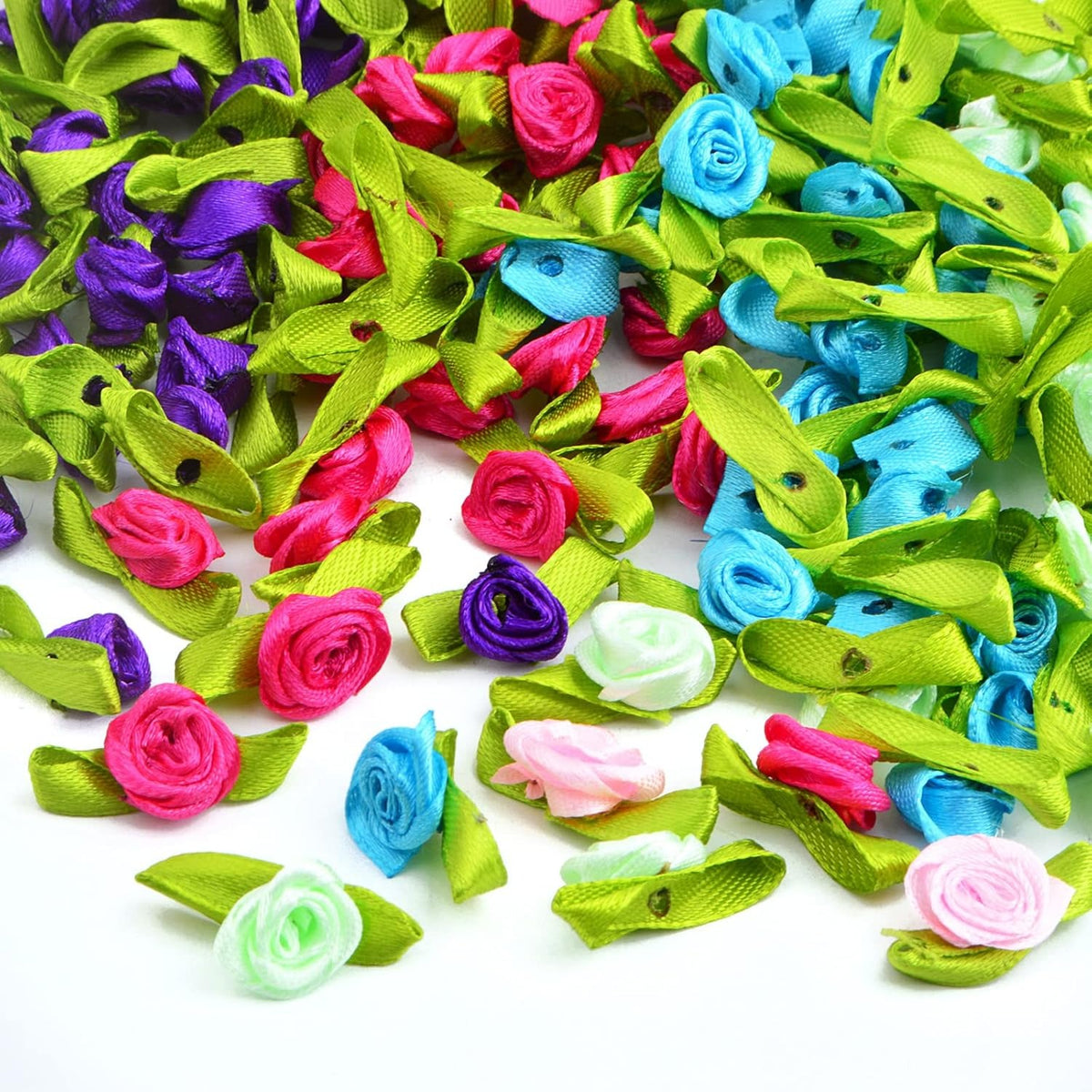 200 Pieces Satin Ribbon Roseflowers Mini Fabric Flowers Multicolored Rosettes with Leave Rose Satin Ribbon Bows for DIY Ornament Applique Sewing Crafts Wedding Party Decor