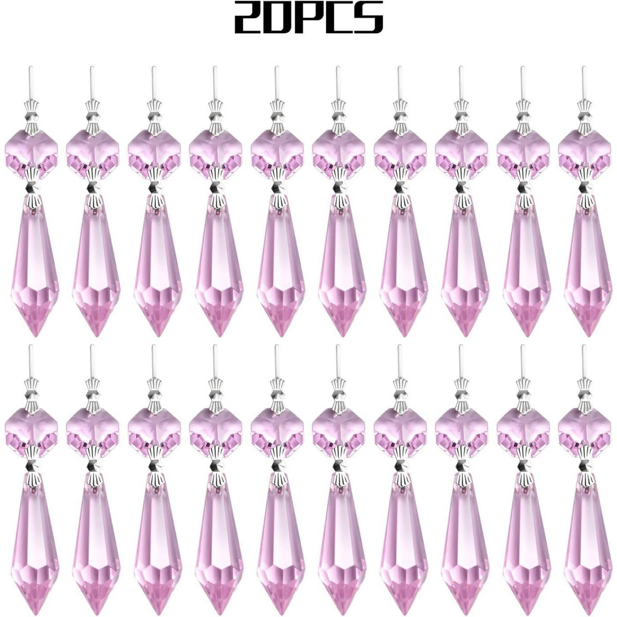20 Pieces Chandelier Icicle Crystal U-Drop Prisms Lamp Parts Glass Pendants Beads for Wedding, Party or Holiday Decoration, 37mm, Pink