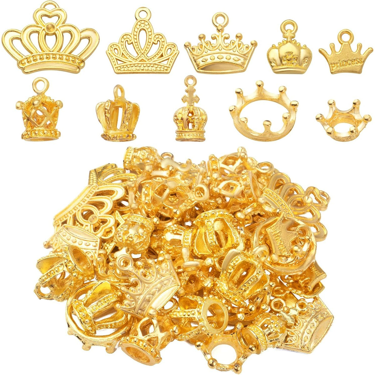 50pcs 10 Styles Crown Charms Pendants Alloy 3D Mini Lovely King Pendant Vintage Crown Bead Charms Jewelry Making Accessory for DIY Necklace Bracelet Earrings Crafts, Golden