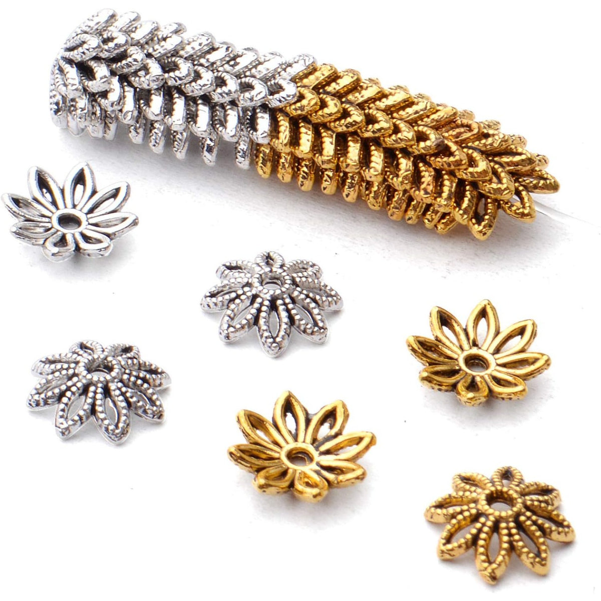 100pcs 10mm Flower Bead End Caps Tibetan Alloy Filigree Flower Caps Hollow Bead Caps Jewelry Spacer Caps for Bracelet Necklace Earring Jewelry Crafts Making