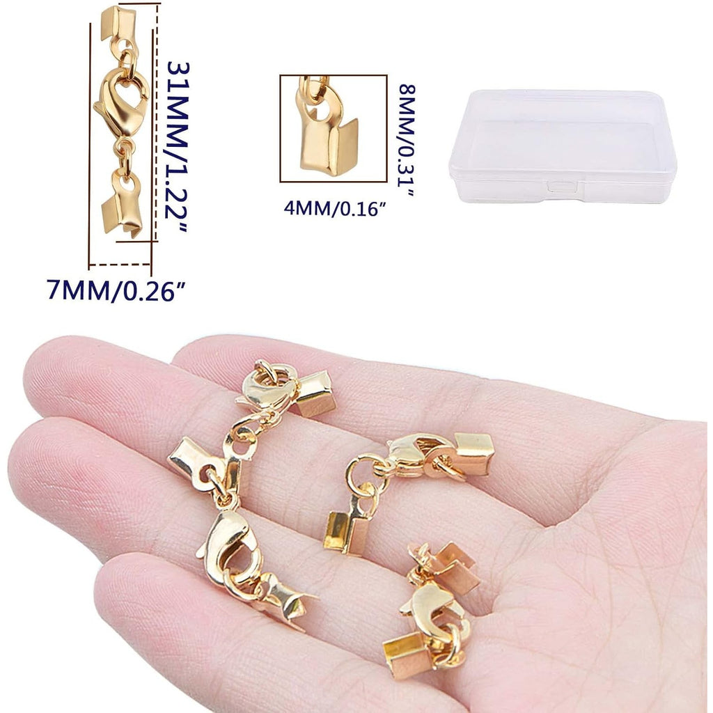 20pcs Golden Lobster Claw Clasps with Cord Ends Metal Leather Cord End Caps Fold Over Crimp End Tips Connector with a Plastic Box for DIY Necklace Bracelets Jewelry Making