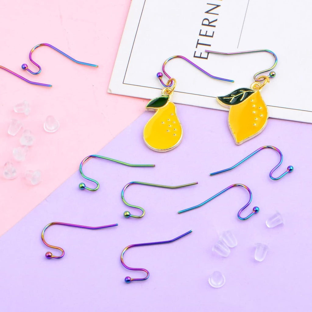 50pcs Rainbow Color Hypoallergenic Earring Hooks Stainless Steel French Ball Dot Earwires Hooks with 50pcs Clear Earring Backs Dangle Earring Findings for DIY Jewelry Making