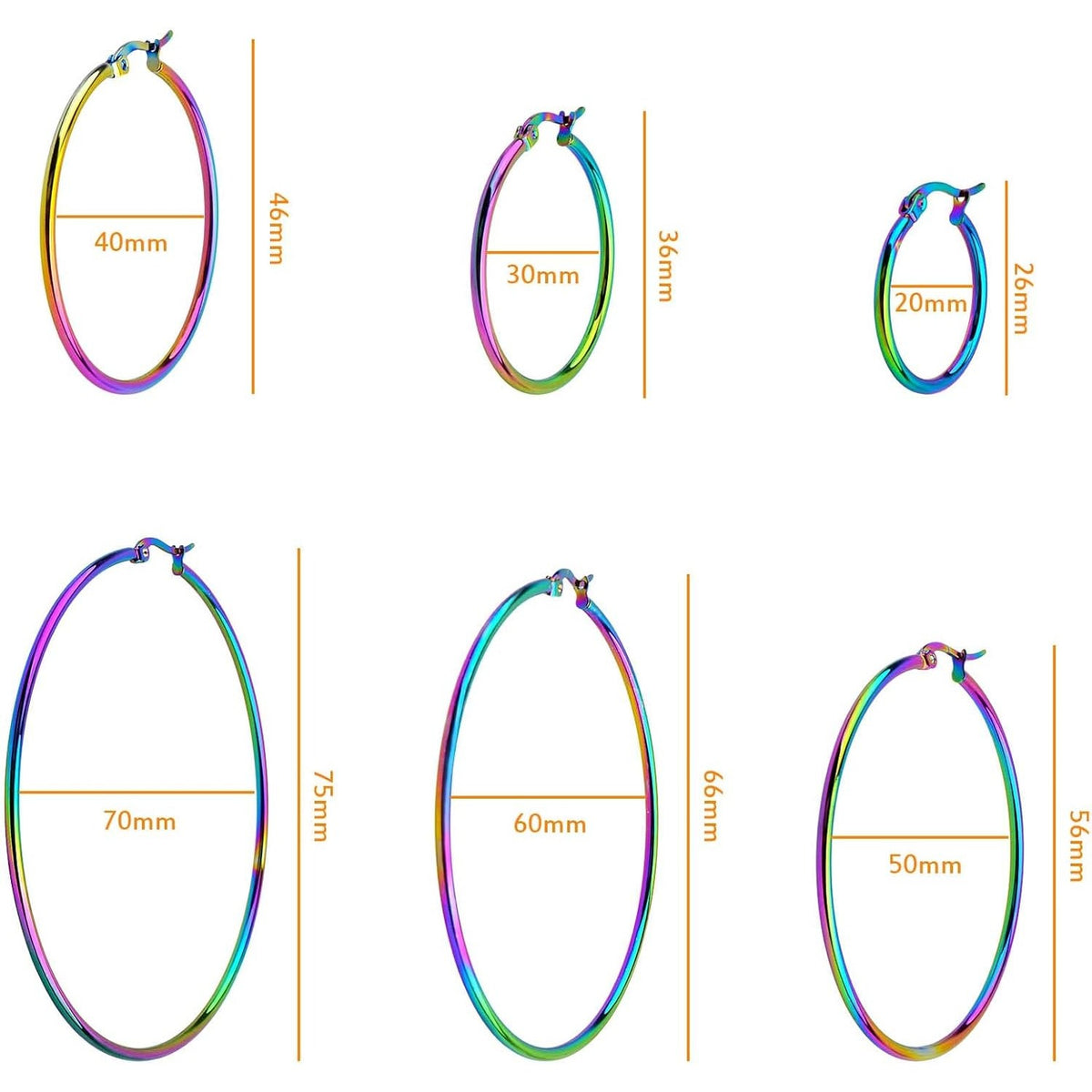 6 Pairs Stainless Steel Earring Beading Hoops Hypoallergenic Round Hoop Earrings Findings Art Accessories for DIY Earring Crafts Jewelry Making, 20/30/40/50/60/70mm, Rainbow Color