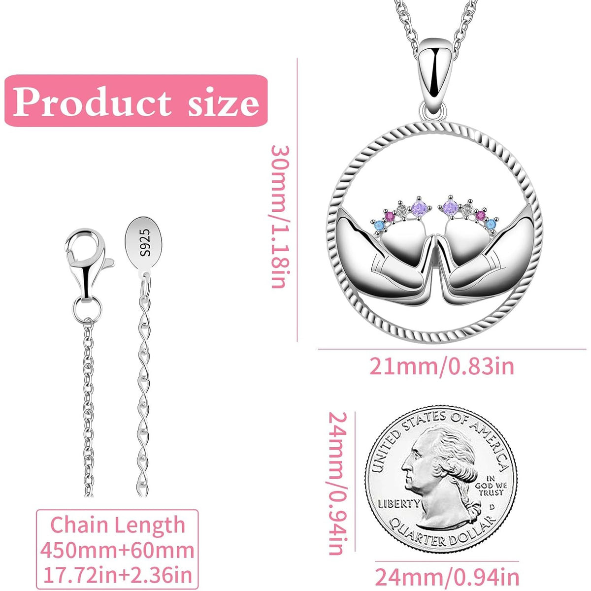 Mother Necklace 925 Sterling Silver Round Feet Mom Hold Feet Pendant Necklace with Colorful Cubic Zirconia Mother's Day Gifts for New Mom Wife