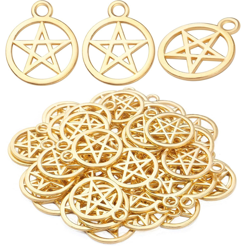 50pcs Pentacle Star Charms Alloy Round Vintage Pentagram Pendants Protection Lucky Pentagram Charms for DIY Bracelets Necklaces Craft Jewelry Making Accessory, Golden, 24.5 mm x 20 mm