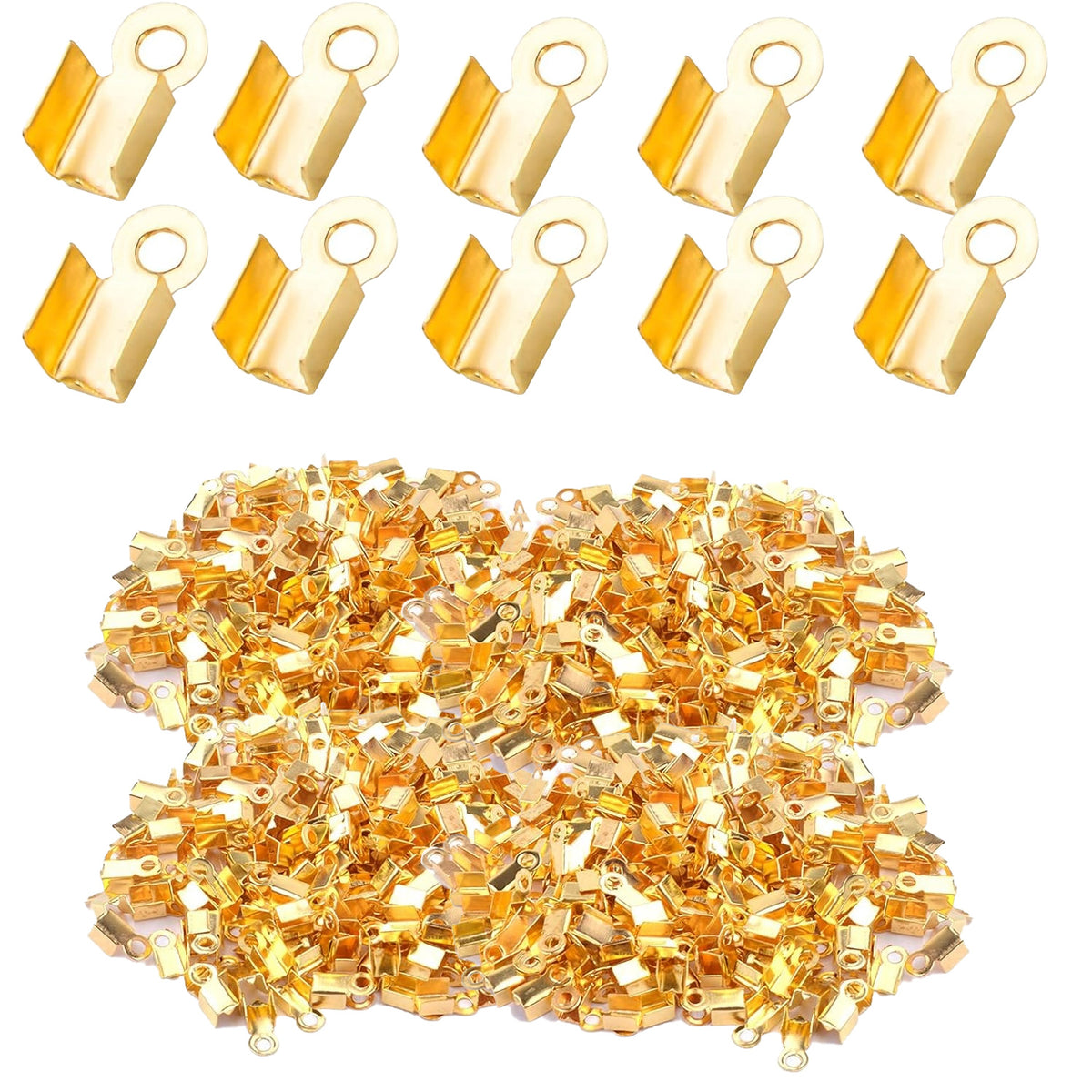600pcs 3 Sizes Gold Plated Fold Over Cord Ends Metal Fold-Over Crimp End Caps Leather Ribbon Ending Terminators Clamp End Tips Jewelry Connector for Jewelry Making Accessories
