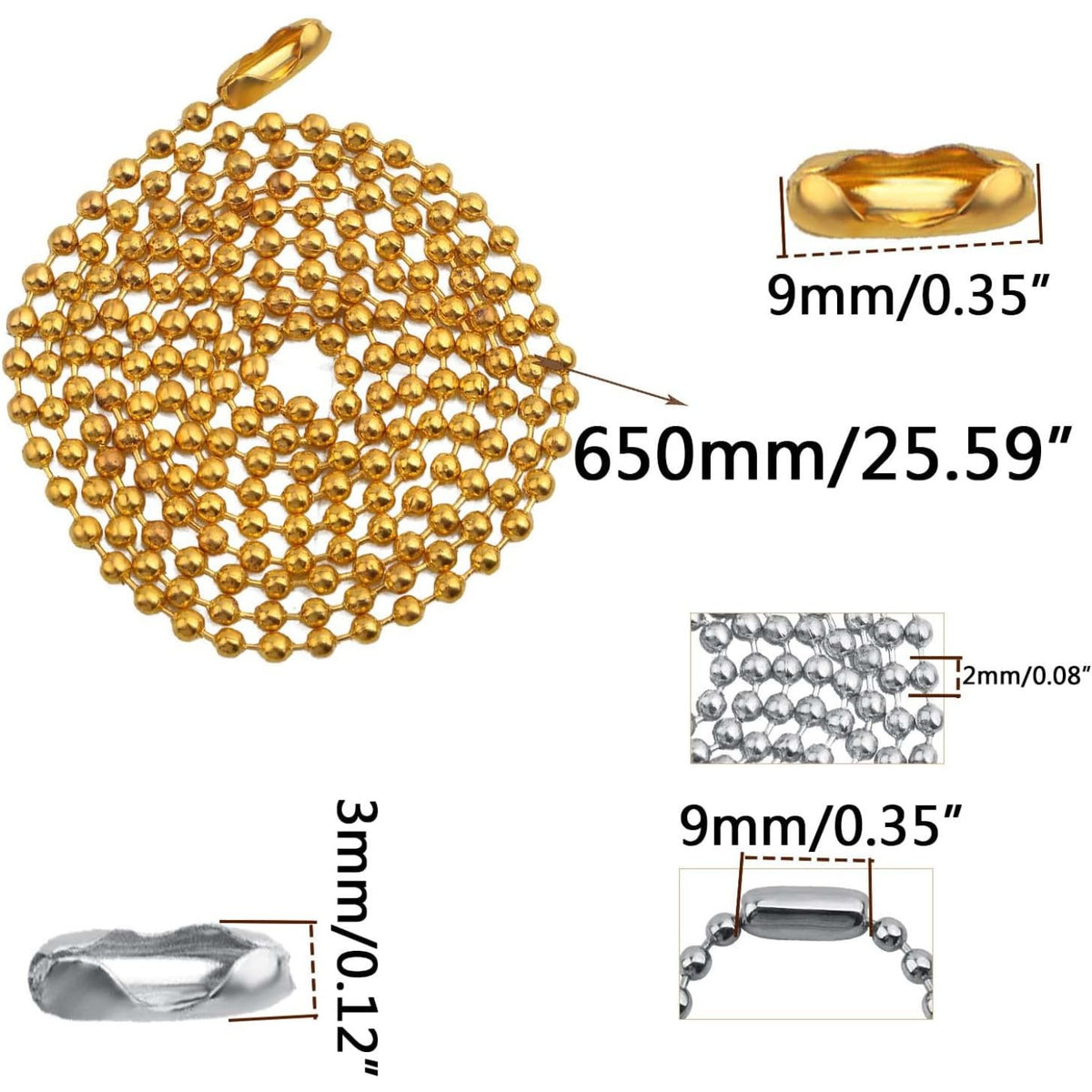 20pcs 2 mm Diameter Metal 65 cm Long Ball Bead Chains Dog Tag Chains and 60pcs Bead Connector Clasps with a Plastic Box for DIY Necklace Jewelry Making Crafting, 2 Colors