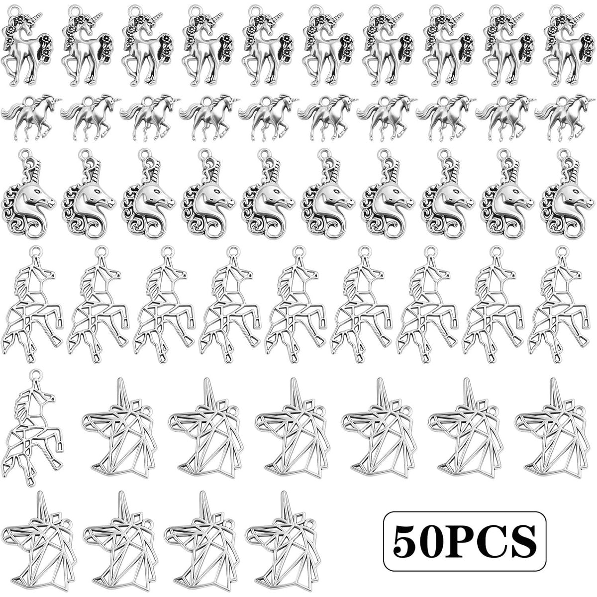 50pcs Antique Silver Mixed Unicorn Charms Vintage Alloy Lovely Animal Unicorn Shape Dangle Pendants for DIY Bracelet Necklace Jewelry Making Findings, 5 Styles