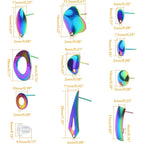 20pcs Stainless Steel Irregular Shapes Stud Earrings Mixed Round Oval Rhombus Heart Earring Posts with Hole and 20pcs Clear Earring Backs for DIY Jewelry Making Supplies, Rainbow Color