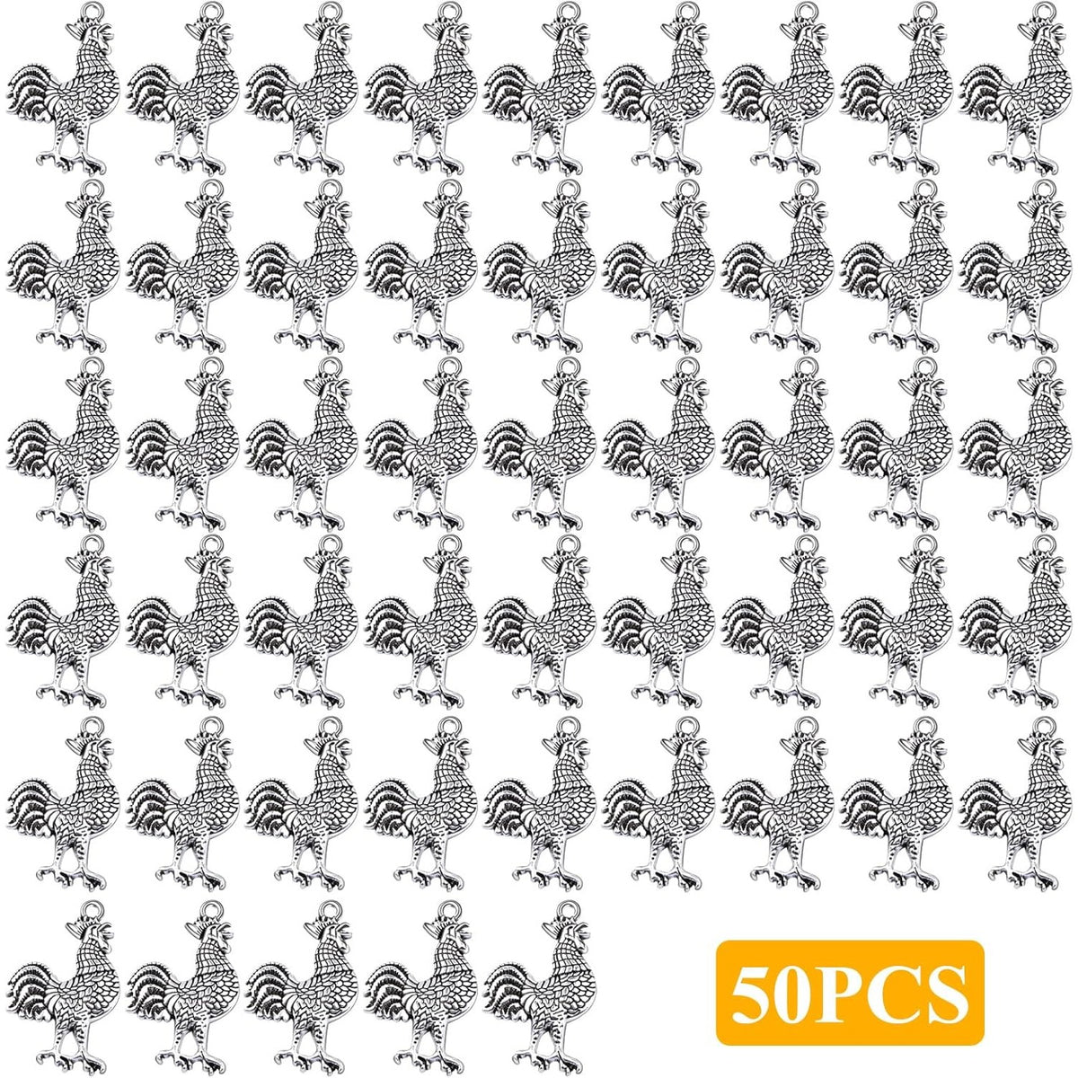 50pcs Antique Silver Rooster Cock Chicken Charms Vintage Alloy Chicken Farm Animal Rooster Shape Dangle Pendants for DIY Bracelets Necklaces Jewelry Making Findings
