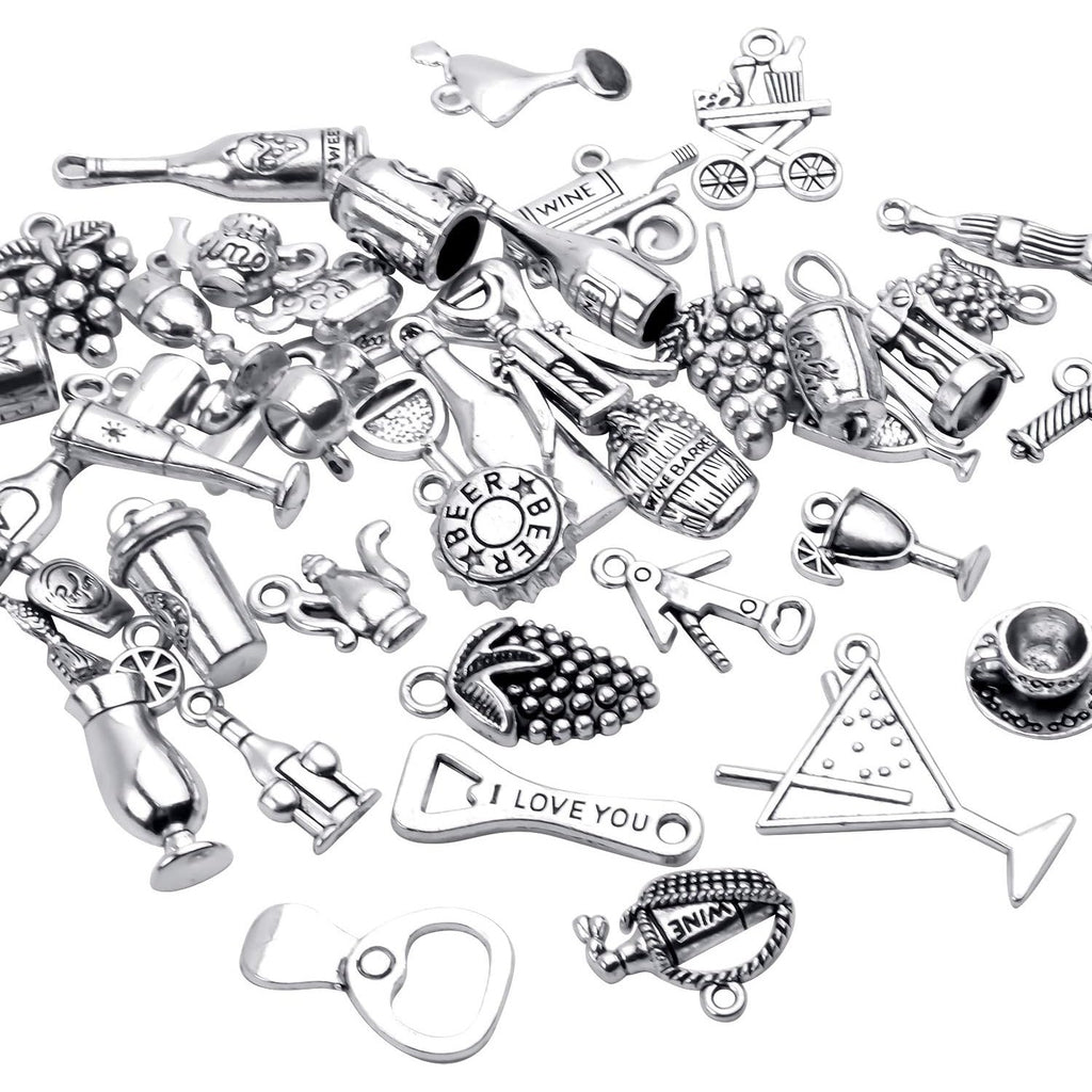 42pcs Tibetan Silver Pendants Wine Bottle Barrel Glass Opener Grape Antique Wine Charms Accessories Jewelry Findings for DIY Necklace Bracelet