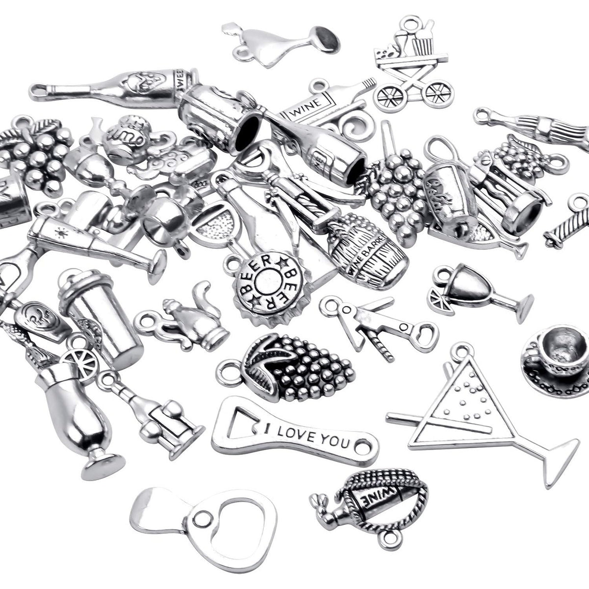 42pcs Tibetan Silver Pendants Wine Bottle Barrel Glass Opener Grape Antique Wine Charms Accessories Jewelry Findings for DIY Necklace Bracelet