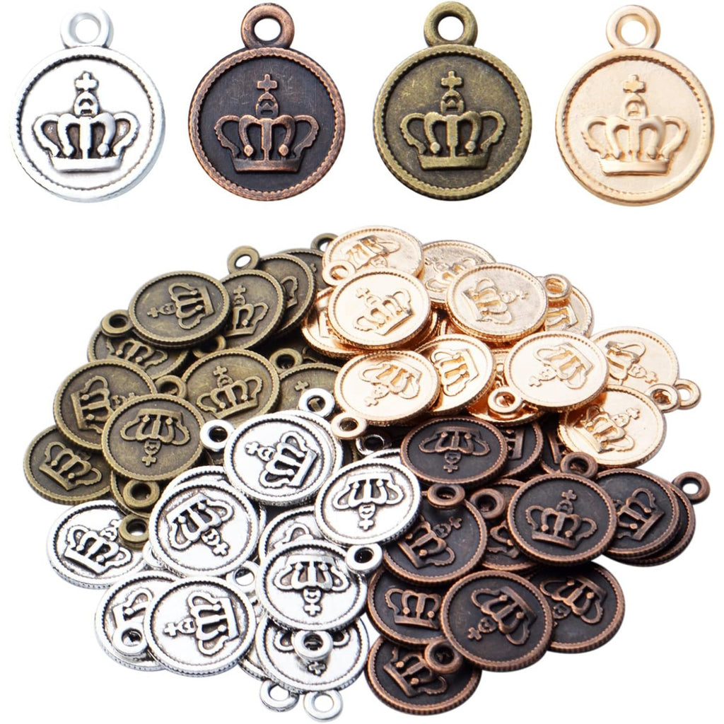 60pcs Crown Pendant Charm Alloy Round Crown Charms Beads King Charms Craft Supplies for DIY Necklace Bracelets Jewelry Pendant Making,4 Colors