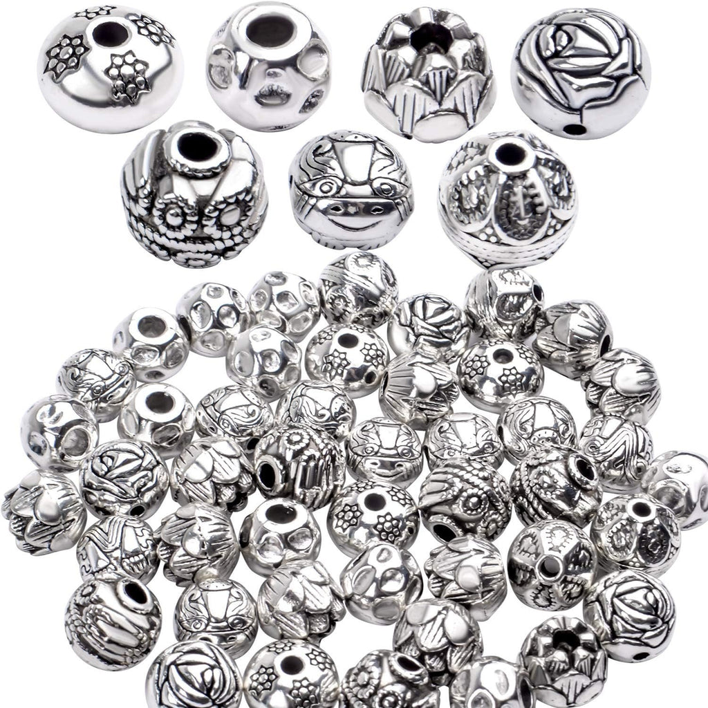 100g (About 40-60pcs) Antique Silver Spacer Beads Small Round Tibetan Loose Beads for Bracelet Necklace Jewelry Making,8-12mm
